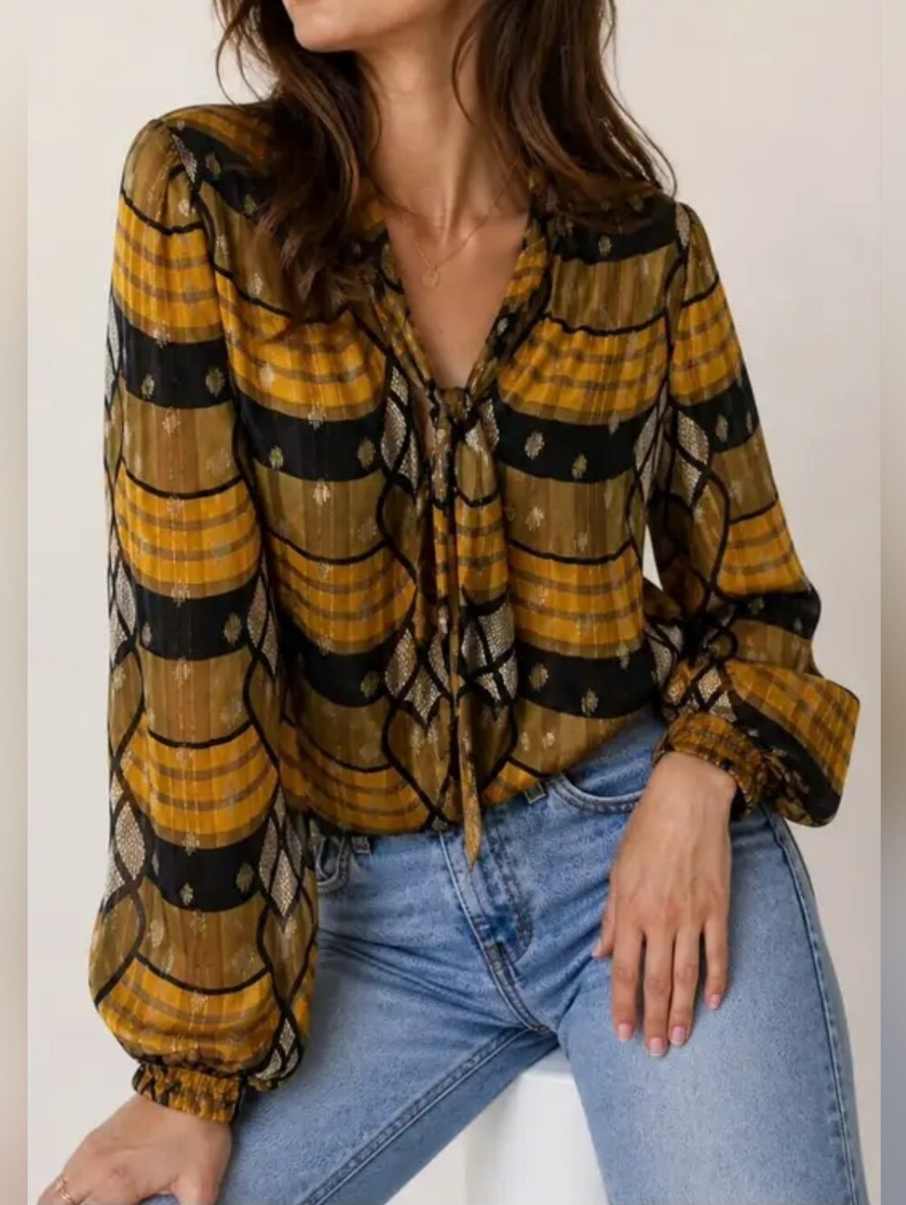 Joie Printed Long-Sleeve Button-Front Blouse in Mustard and Black - Picture 2 of 2